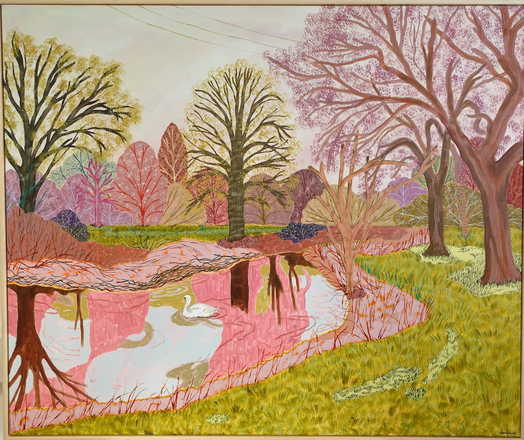 salmon , pink and light green with offwhite colors. a body of water in the fore, grasses and trees on the sides and in the back in many shades reds and lavenders, some bluish greens and mint...