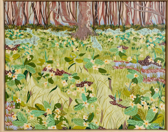 a meadow with flowers in the fore some trees in the back. all kinds of greens and some lavender and red. 