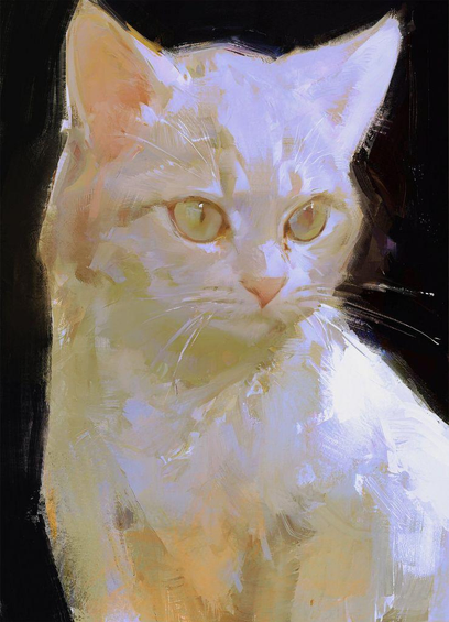 A digital painting of a white cat, rendered with visible, blocky brushstrokes against a dark, almost black background. The cat looks off to the right, its face and chest illuminated by light that casts cool, purplish shadows and warm, yellowish highlights on its fur. Its eyes are a pale greenish-yellow.