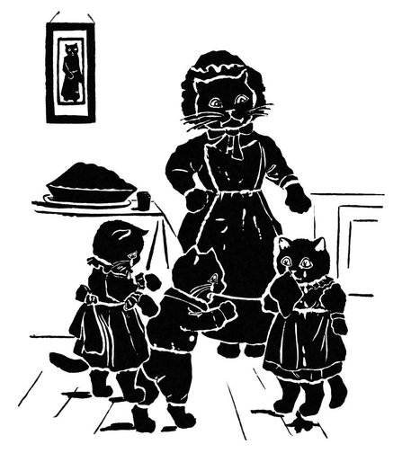 A mother cat stands behind her three crying kittens in a dining room, where a large pie can be seen on the table.