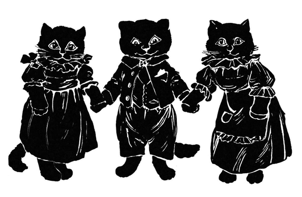 Three kittens, drawn in silhouette style, hold hands while facing the viewer. The center kitten is dressed in boyish clothes, while the ones on each side are wearing dresses.