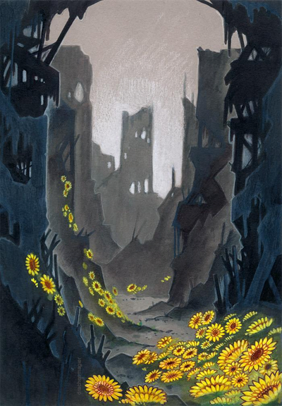 sunflowers blooming in ruins