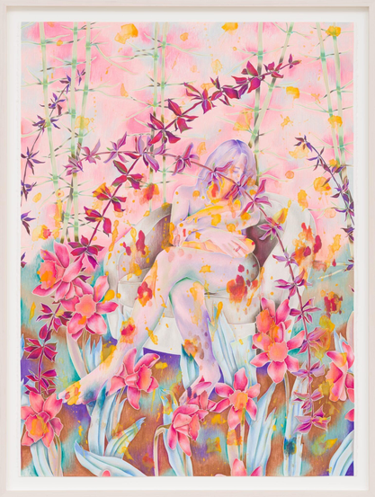 a colorful floral painting by Sarah Ann Weber with faint figurative details