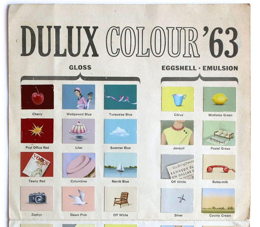 Vintage Dulux color chart from 1963, showcasing various paint colors with painted illustrations, categorized under gloss and eggshell/emulsion finishes.