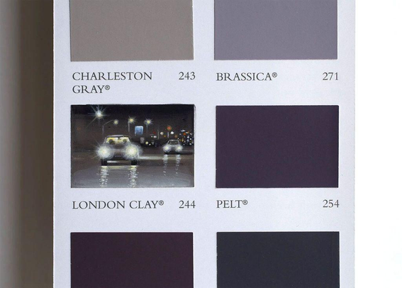 Color palette featuring paint samples: Charleston Gray, Brassica, London Clay, and Pelt, with a nighttime urban scene in London Clay.