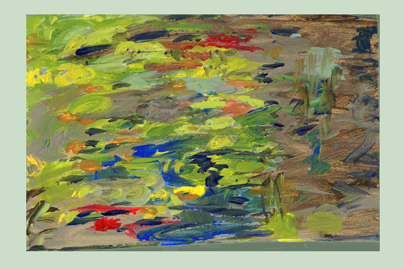Abstract painting of a pond with flowers and water lilies and vegetation floating on the surface. Part backlit Sun and shade.
