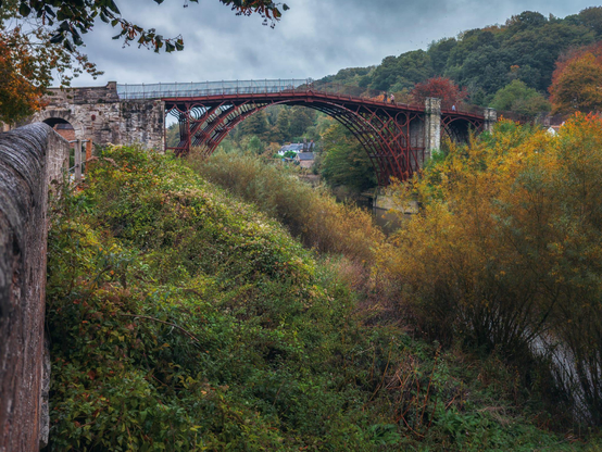 A wide view of the Iron Bridge shows its red iron arches rising above dense autumn vegetation, with golden and green shrubs filling the riverside slope beneath it. The stone abutments frame the ironwork as it spans the River Severn, while a few pedestrians walk across the top against a backdrop of wooded hills in full autumn colour. A weathered stone wall runs along the left edge of the scene, and the sky above is overcast, giving the landscape a soft, muted light.