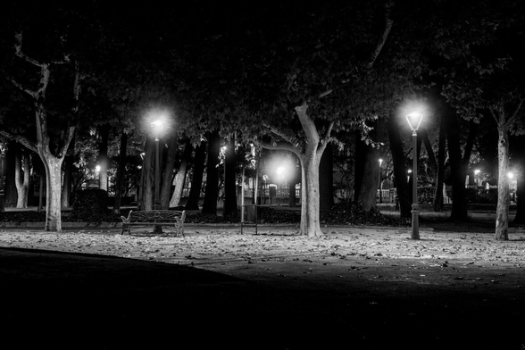 Español: banco en un parque vacío iluminado por farolas durante la noche.

English: empty park bench lit by streetlights at night.