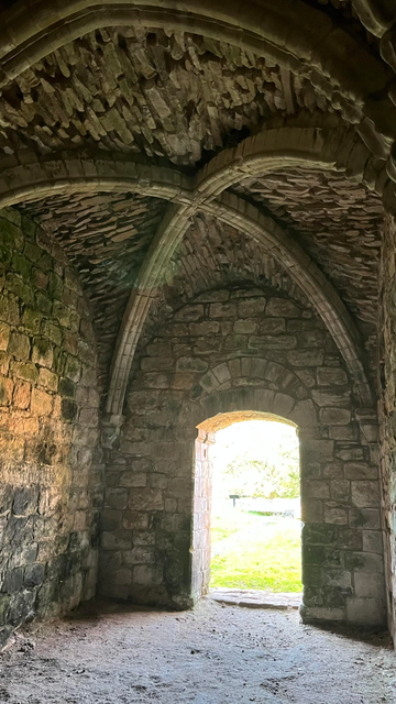 A shot from inside the old cemetery passage, looking out into the old Cloister area.