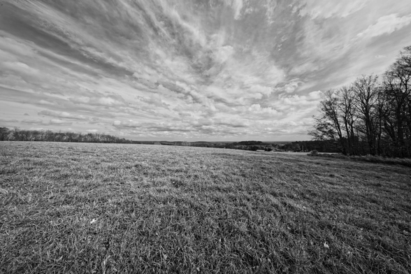 Below the horizon mostly a grass field that's close cropped for a large field,  above clouds stretched out like taffy by a wide angle lens,  near the horizon wedges of trees