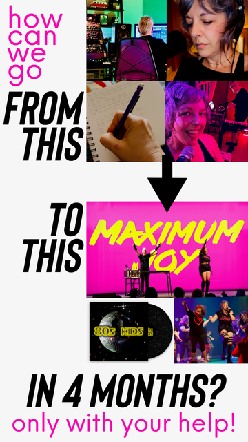 This is a photo collage of the creative process behind the creation of an 80s kids album and live show. It contains photos of Jamie and Shannon in the studio, a sweaty rehearsal photo, followed by photos of their live show and a completed vinyl record. Text reads "How can we go from this to this in 4 months? Only with your help!"