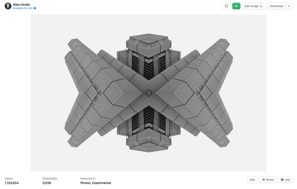 A screenshot of an abstract architecture photo uploaded to Unsplash showing the number of views and downloads.