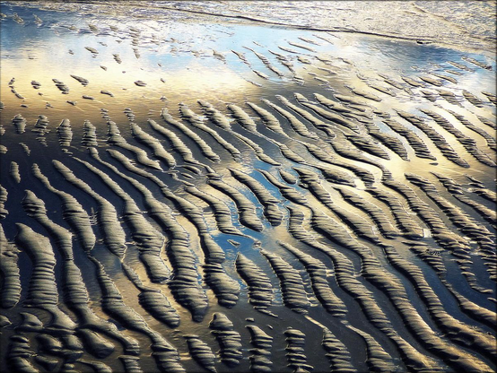 A colour photograph showing a light ripple from an ebbing tide reaching the shore of a blue golden beach with rippled sand. The wet sand reflects the late afternoon sky bringing a warm calmness to the scene.