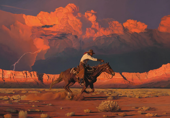 A cowboy in traditional attire rides a brown horse across a desert landscape, kicking up dust. The background features dramatic orange and purple clouds illuminated by lightning, while distant red rock formations are visible under the vibrant sky.