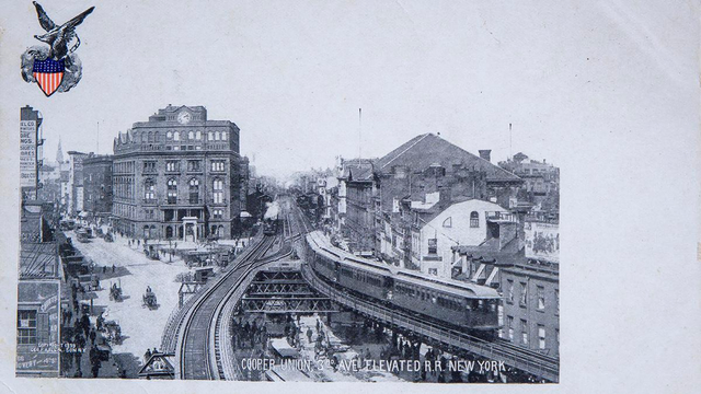 Cooper Union 3rd AVENUE, New York 1899.
Vintage black and white postcard of a 1899 photo of Cooper Union and the elevated railroad at 3rd avenue in New York. Looking down at the Third Avenue elevated train track and trains over the Bowery passing the Cooper Union.