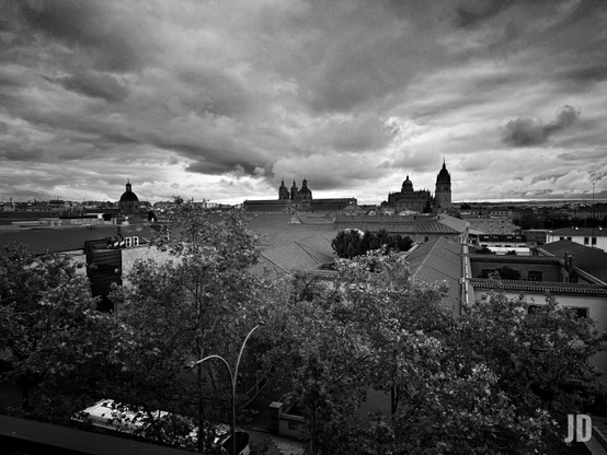 Fotografía en blanco y negro de un paisaje urbano con un cielo dramático y nublado. En el horizonte, se distinguen varias cúpulas y campanarios de edificios históricos, incluyendo una gran catedral con una torre puntiaguda. En el medio, se extienden los tejados de numerosos edificios urbanos. En primer plano, árboles frondosos llenan la parte inferior de la imagen, con una farola curvada y un vehículo blanco parcialmente visible, sugiriendo una vista desde una altura o balcón.
