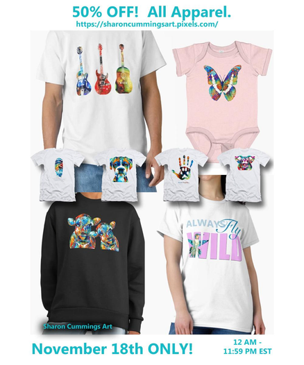 T-shirts, sweatshirts and onesies for sale by artist Sharon Cummings.