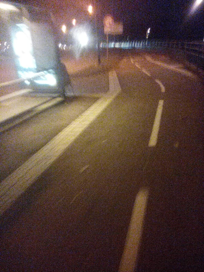 Arrêt de bus et piste cyclable la nuit.
Éclairage nocturne urbain.

Si vous êtes non-voyant montrez la photo à des voyants comme un exemple de basse qualité assez terrible :)
Mais ça fonctionne!