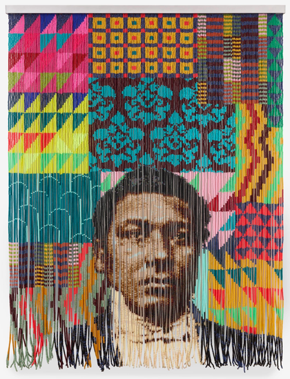 a colorful artwork by Felandus Thames made with strings of beads, featuring a number of patterns and the portrait of a Black man named Amos Haskin