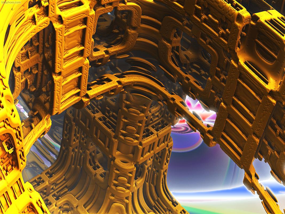 Arching mandelbulb structure in smoothed gold over glowing dynamic fog back