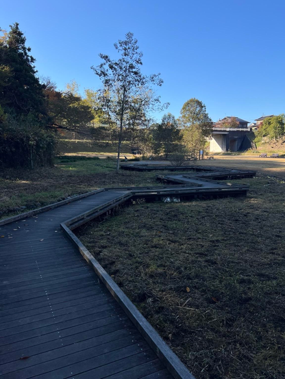 A winding wooden walkway leads through a grassy area, with trees on either side and a clear blue sky overhead. In the background, a bridge is visible, along with a few buildings partially concealed by foliage.