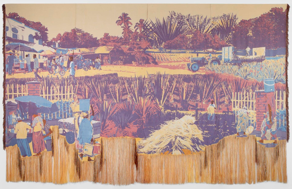 a textile work by Malaika Temba showing converging scenes of people working with sisal