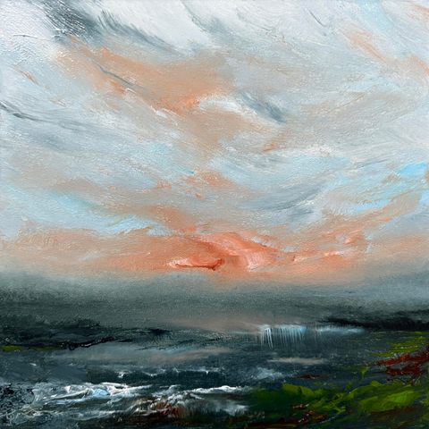 Original oil painting by Tisha Mark, "Late Autumn Wish" 6"x6" oil on Ampersand Gessobord (2025). Loosely painted abstract-leaning atmospheric seascape with earth tones on a dark shore. The sky has orange and gray tones with hints of blue.