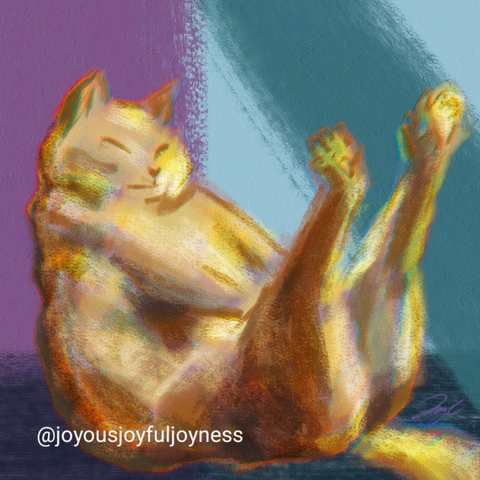 Painting of a silling ginger cat stretching with his feet outstretched snd his eyes closed. The background has a few stripes of color. The artist's signature and @joyousjoyfuljoyness watermark are at the bottom.