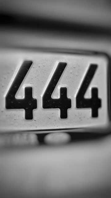 Detailaufnahme eines Autokennzeichens in Schwarzweiß. Zu sehen ist die Zahl 444, während der Rest des Bildes unscharf ist. 