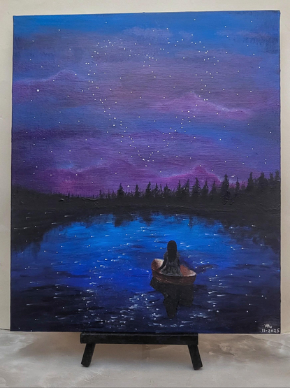 A painting of a girl in a boat looking at the night sky where there's a heart of stars.
