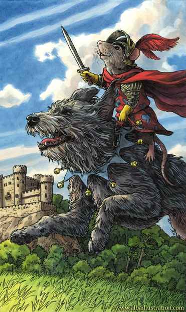 Illustration of a rat knight riding on a galloping hound, sword held aloft. There is a castle in the background, green grass, and blue sky with clouds.