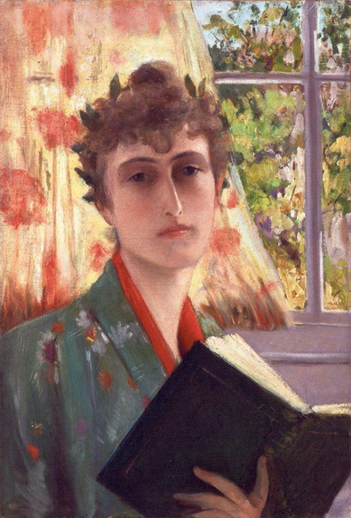 Self-portrait c.1885 by Winnaretta Singer.

The painting shows a softly rendered figure seated indoors, holding an open dark-colored book. The person has short, curly hair adorned with small leafy shapes and gazes outward with a calm, slightly distant expression.

She  wears a green garment patterned with delicate floral motifs over a red collar. Behind her hangs a light curtain washed with warm pink and peach tones, through which daylight filters. To the side, a window reveals a bright, impressionistic garden scene in greens and yellows.

https://en.wikipedia.org/wiki/Winnaretta_Singer#/media/File:Winnaretta_Singer10.jpg