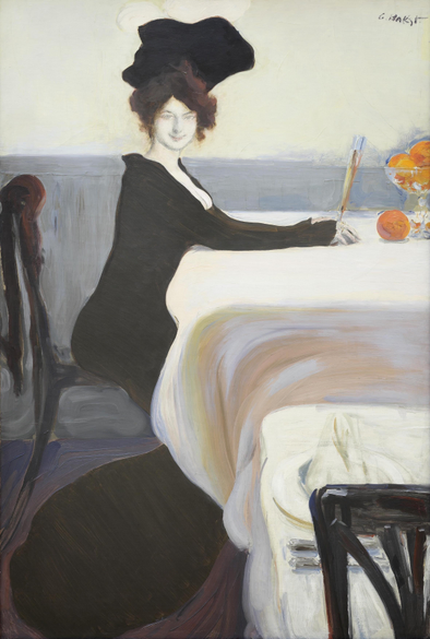 A woman seated at a table is depicted in an artistic style. She wears a black dress and a large black hat. A glass and a bowl of oranges are on the table. The background is minimal with soft colors.