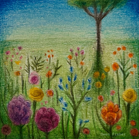 Colored pencil landscape drawing. A  grassy field covered in colorful flowers with a tree in the background and blue sky. The lighting is back lit so the tree casts a long shadow over the flowers. 