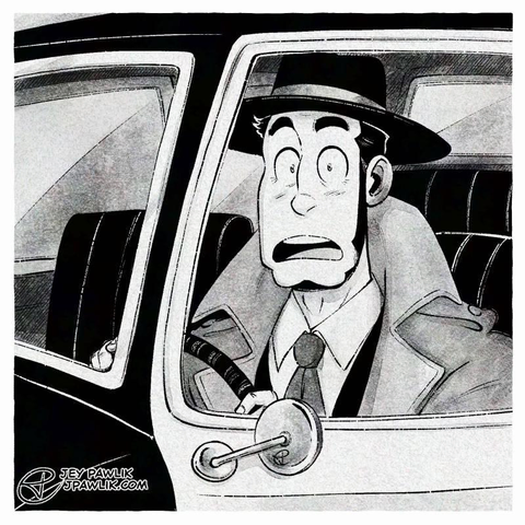 Digital illustration made to look like a black and white square photo. Zenigata is sitting in the driver's seat of an old police car, looking at the camera wide eyed and surprised.