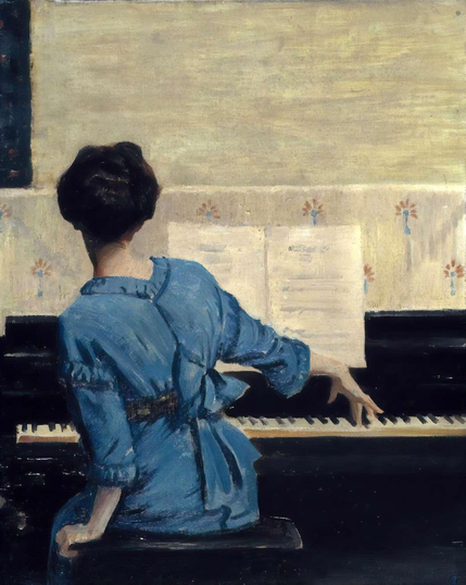 A woman in a blue dress is seated at a piano, her back to the viewer, with her right hand extended toward the keys. 