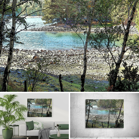 Above coloured photograph featuring the design- 

Loch Vaa through the Trees.

Lower left design on a Canvas Print on a wall above a couch. 

Lower right design on a Canvas Print on an exhibition wall.

I took this photo , using a creative photographic filter, during a lovely summer nature walk through the Scottish Highlands. 

Features a peaceful Loch Vaa resting amidst a forest of trees. 

Sunlight filters through the leaves, creating a tranquil and inviting atmosphere. 

Mockups combined in a grid format in canva.com

Click links on the main post for options.

