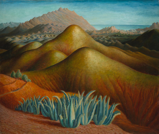 A Surrealist painting, depicting impressions of a landscape in Spain. In the foreground are orange hills and green cacti. In the middle distance are flesh-colored hills that resemble breasts or raised knees, while in the far distance is a rugged, jagged hill. 