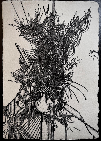 An abstract black and white illustration on paper. A mixture of mechanical and organic elements intertwine to create a large, singular form.