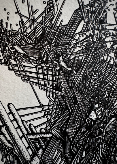 A zoomed in shot of the artwork featuring a section with very angular lines, somewhat like scaffolding or ribs.