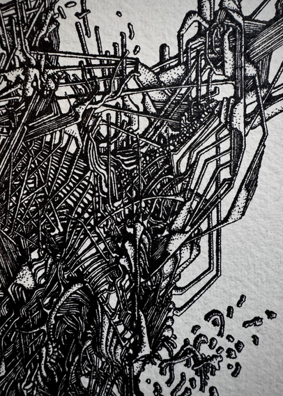 A zoomed in shot of the artwork. This section features a mixture of repetitive, angular forms mixed with more organic shapes.