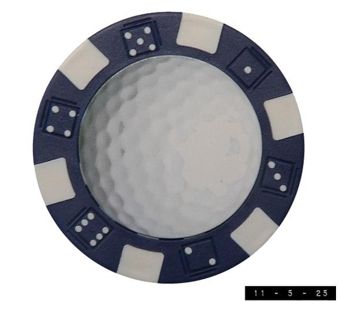 A blue and white poker chip with a golf ball decal in the center and evenly spaced dice decals around the edge.  About 1.5" in diameter and about half an ounce in weight.  Has a composite metal core.  It was sold to me as a golf ball marker - that is, something to put down on a golf green to mark where your ball was when you need to pick your ball up to allow the other players to play through without the risk of hitting your ball - but honestly, I would have bought it even if they had told me it was the most useless thing ever made.  I mean, it's round - right?  Enough said!     