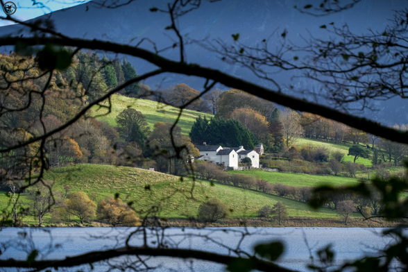 White house in farmland alongside lake waters, shot Framed by tree branches