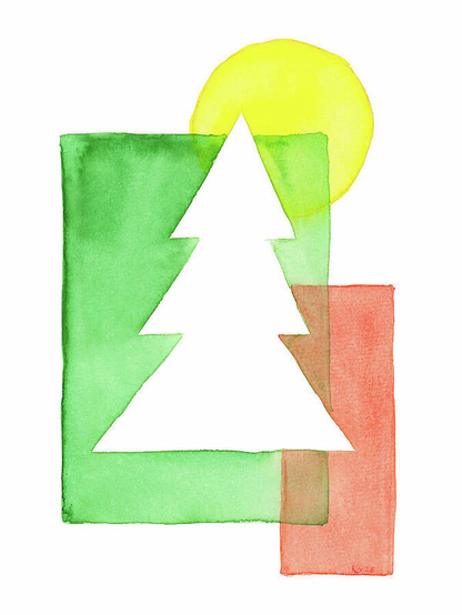 Das Aquarellgemälde zeigt eine minimalistische Komposition aus sich überlappenden geometrischen Formen in Rot-, Grün- und Gelbtönen. Ein weißer Tannenbaum ist prominent in der Mitte platziert und sorgt für eine ausgewogene harmonische Komposition.
Festlicher minimalistischer Winterbaum ist ein Aquarellgemälde im Hochformat handgemalt von der Künstlerin Karen Kaspar.
Das Gemälde ist Teil meiner kleinen Serie von vier Bildern mit dem Thema 'Festlicher Minimalismus'. Die Serie besteht aus minimalistischen Kompositionen von sich überlappenden geometrischen Formen wie Rechtecke und Kreise in den traditionellen Weihnachtsfarben rot, gold und grün. Diese Formen umschließen jeweils eine weiß belassene Fläche, die einen Tannenbaum, eine Kerze, eine Christbaumkugel und einen Stern darstellten.