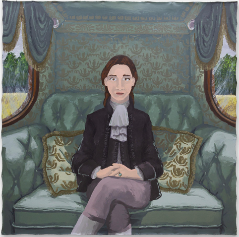 a painting by Manuela Solano of a woman seated in an ornate carriage