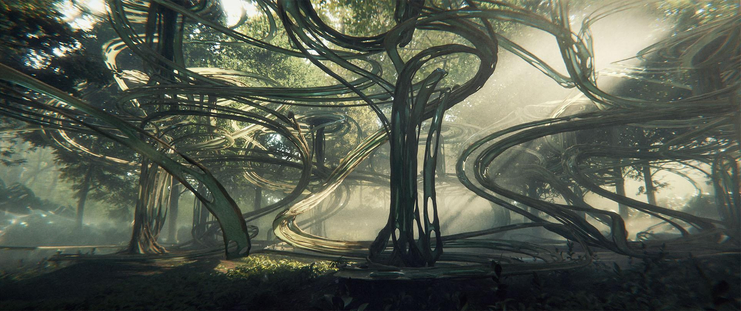 Biotech conduits weave their way through all levels of a jungle, looking almost like the rails to a crazed rollercoaster.