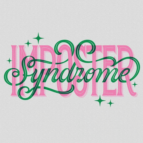 Stylized text reads "Imposter Syndrome," with "Imposter" in pink and "Syndrome" in green cursive, surrounded by sparkles on a light background.