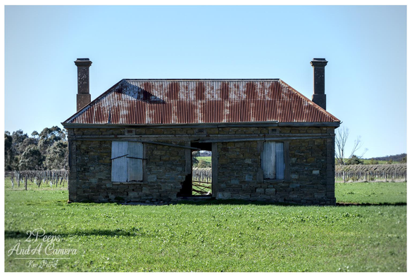 A centred, wide shot of an abandoned stone farmhouse ruin, featuring a rusty corrugated iron roof and two tall stone chimneys.

The structure has boarded up windows and a collapsed doorway, revealing the darkness inside. It is surrounded by a vibrant green paddock, with rows of dormant grapevines visible behind the ruin under a clear blue sky.

Photographed and signed by Kev Peirce.