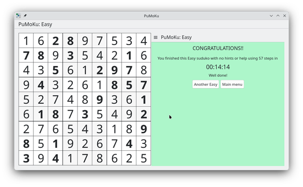 Screenshot of sudoko solver 'PuMoKu' with a solved sudou puzzle. Window is in widescreen mode, the sudoku puzzle left and a congratulation with a solved game right, with green background and some buttons. 