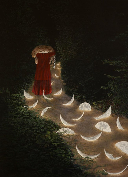 A surreal painting showing a figure in a long red robe walking away into a dark forest. A leopard is draped around the figure's shoulders. The dirt path is lit by many glowing, crescent moon shapes scattered along the ground.